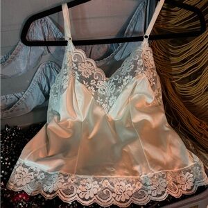 Vintage Satin Lace Camisole Mint Green Lingerie Top Nylon Slip Tank Small/Medium